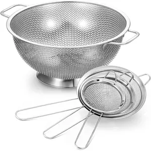 5 Quart Stainless Silver Colander and 3 Pcs Silver Fine Mesh Strainer, Stainless Pasta Rice Food Strainer with Handles, Easy and Dishwasher Safe