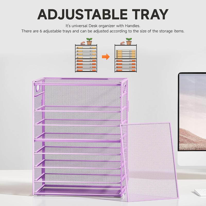 9 Tier Paper Letter Tray Desk Organizer with Handles - Purple Metal Mesh File Holder Paper Sorter Desk Organizer for Office School, Include 6 count Adjustable Slid Tray, 6 Colors 9 Tier Paper Letter Tray Desk Organizer with Handles - Purple Metal Mesh File Holder Paper Sorter Desk Organizer for Office School, Include 6 count Adjustable Slid Tray, 6 Colors