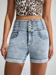 Women's High Waist Denim Shorts, Casual ComfyButton Fly Skinny Shorts for Daily Wear, LadiesBottoms for All Seasons