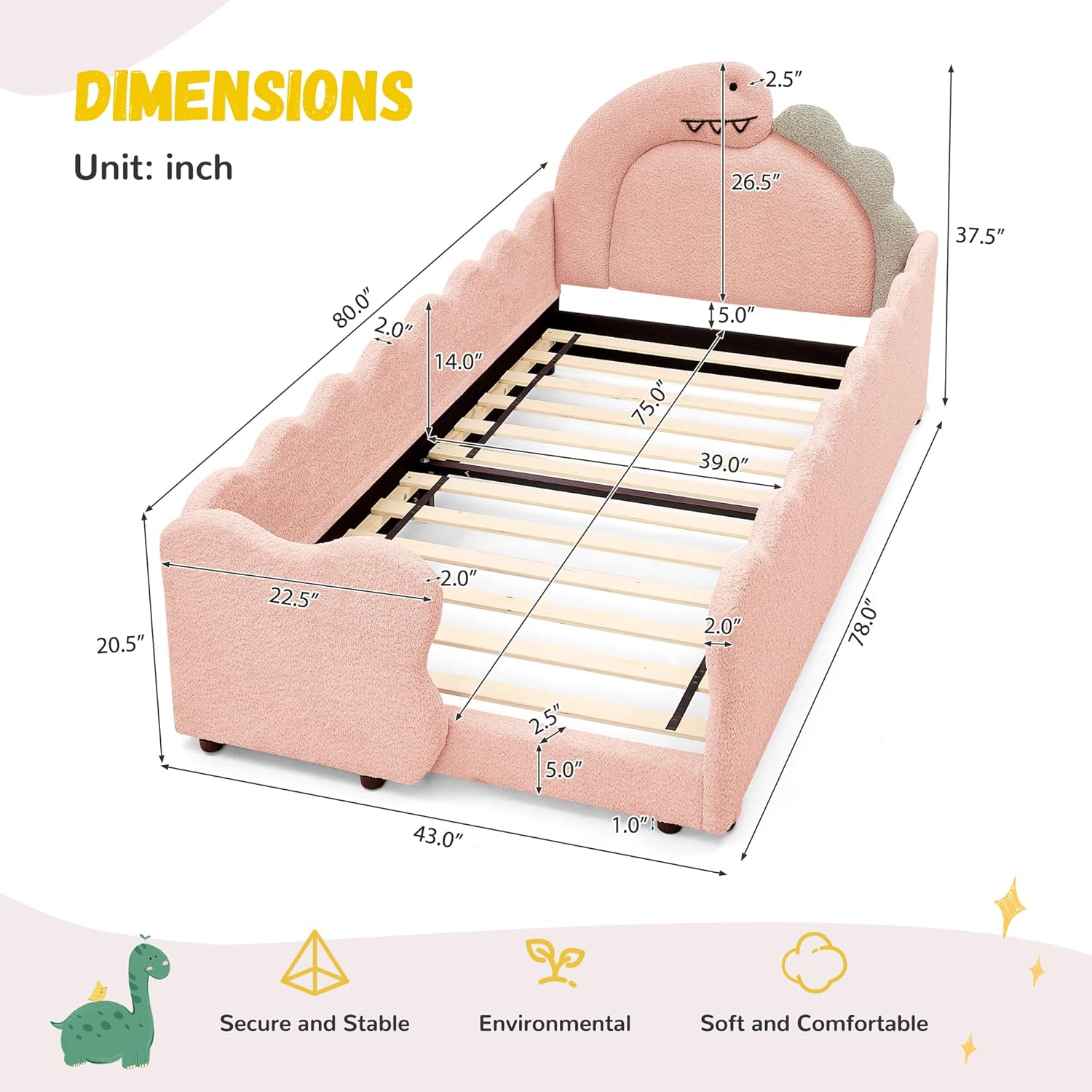 Twin Size Kids Daybed with Dinosaur-Shaped Headboard, Upholstered Boucle Fabric Bed with Safety Guardraild, Cute Kids Daybed for Girls Boys, Pink