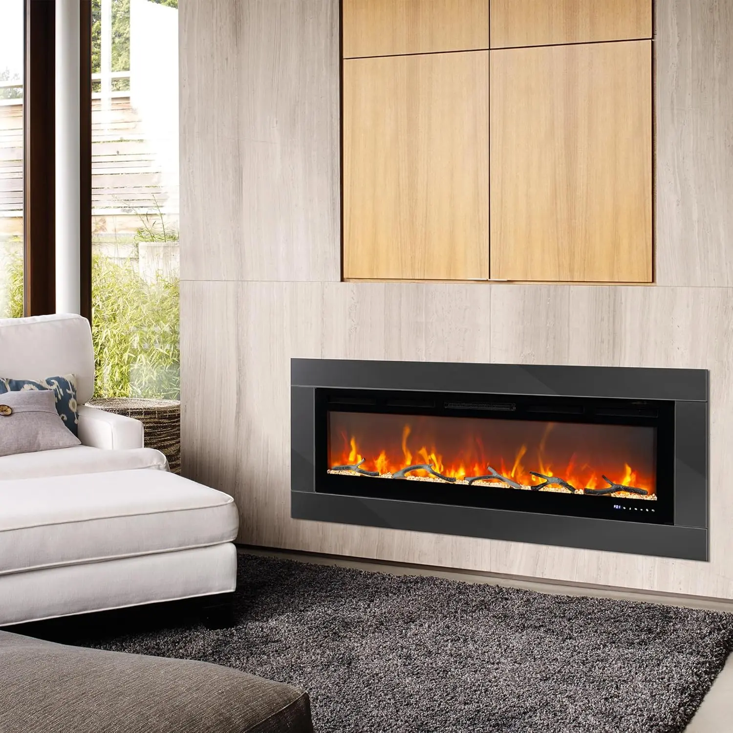 50-Inch Wall-Mounted Electric Fireplace for Modern Homes, Voice-Activated Operation, Adjustable Flame Color & Warmth, Custom Visual Effects, Ultra-Thin Design, Remote Control, Safety Timer, Quiet Operation, Adjustable Warmth