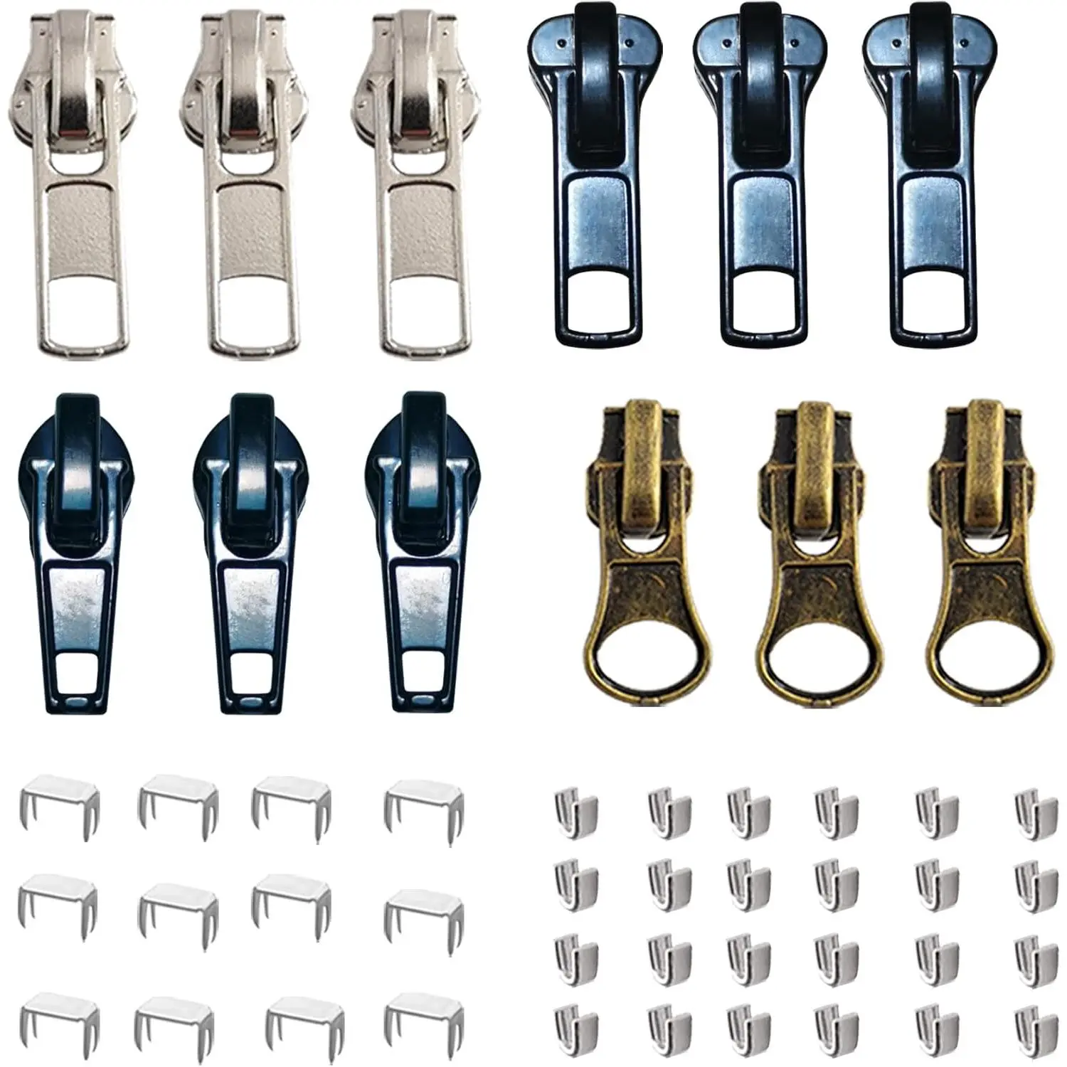 12 count Zipper Fasteners Repair Kit #5 Lockable Sliders, Zippers Pull Replacements Bottom and Top Stop, Fix Zip  On for Repairing Coats,Jackets, Metal Plastic and Nylon Coil Zippers.