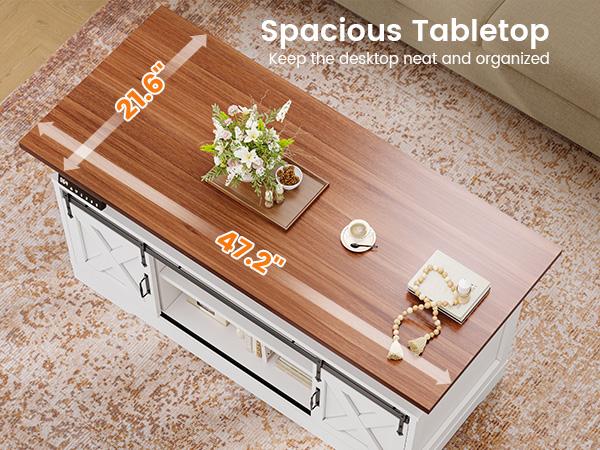 SEDETA 47.2" Farmhouse Lift Top Coffee Table Electric Standing with Storage Power Outlet Sliding Barn Door Height Adjustable for Living Room