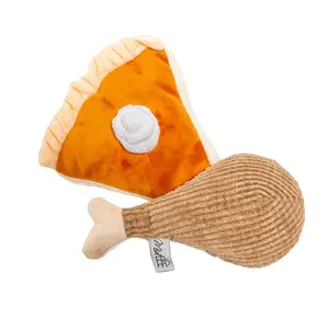 Midlee Thanksgiving Meal Dog Toy Set - Polyester Plush Squeaker Toys for Long-Lasting Play, Pumpkin Pie Shape, Turkey Leg Design