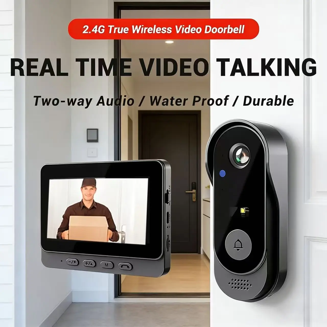 1 set wireless video doorbell, no WiFi required, fisheye camera, 10.92cm indoor display, two way talk, Intercom, night vision, TF card supported, Home Security System