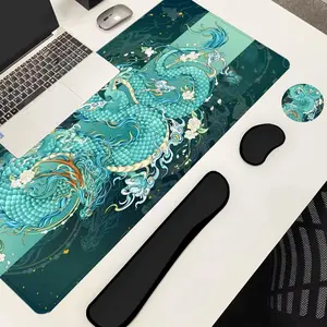 Chinese Style Dragon Pattern Mouse Pad Set, 4 Counts/set Mouse Pad & Keyboard Wrist Rest & Keyboard Pad & Coaster, Desk Accessories for Home Office Gaming, Mousepad