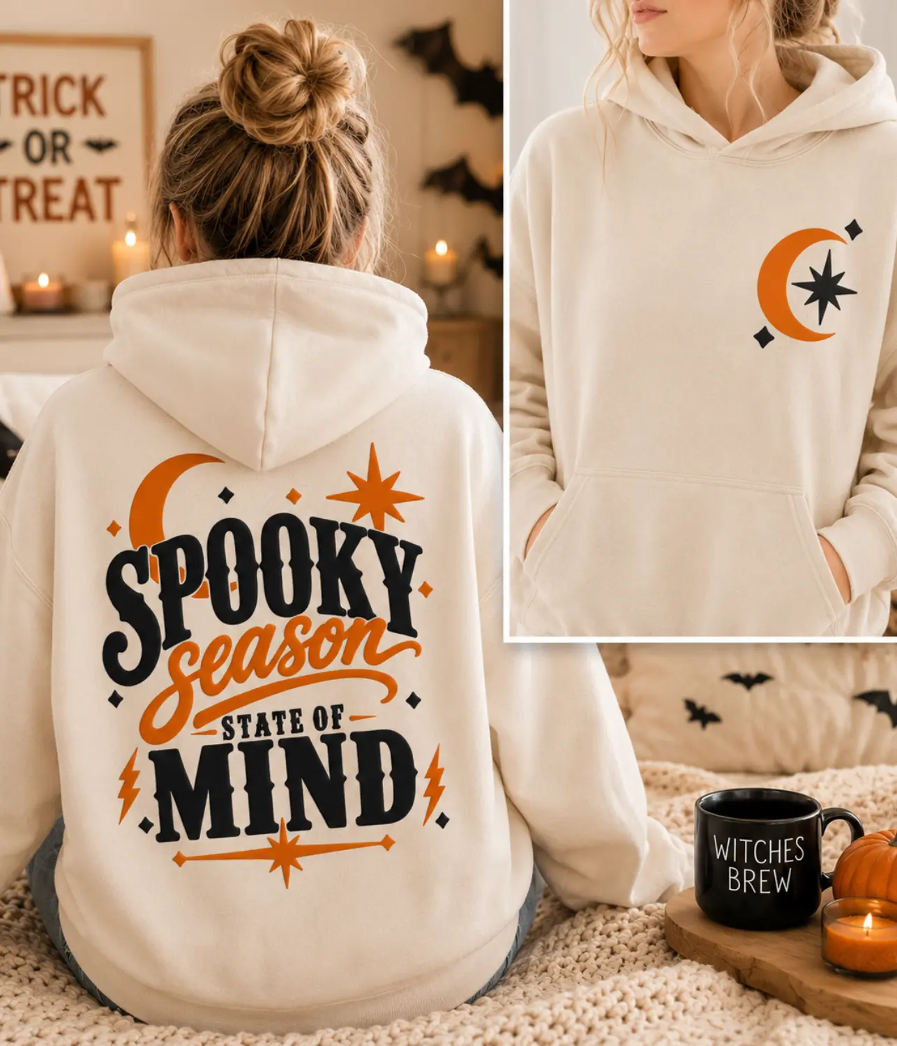 Halloween Puff Print Hoodie | Spooky Season State of Mind Oversized Fall Sweatshirt | Cozy Unisex Gift