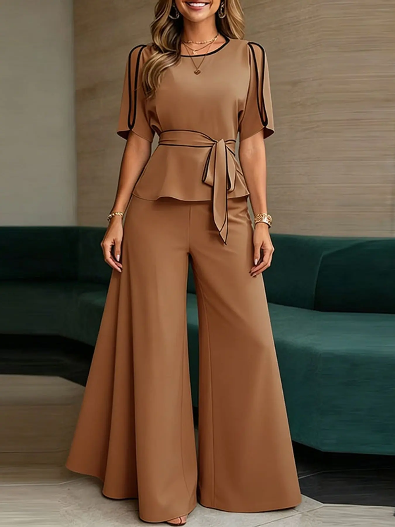 ZANZEA Women's Round Neck Five-Quarter Sleeve Contrast Edge Cut-Out Sleeves Blouse Top + Baggy Wide Leg Pants Set Clothes, Casual Chic Style for Daily Wear and Work Commute