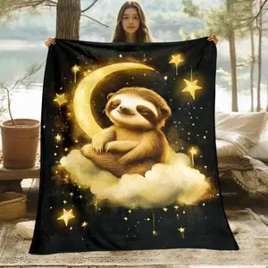 Sloth Moon Stars Fleece Blanket Cute Animal Art Soft Plush Throw for Kids Bedroom, Cozy Night Sky Bedding, Nap Blanket, Playroom Decor, Birthday Holiday Gift for Children