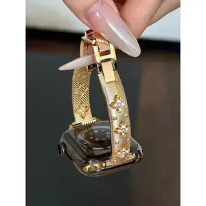 1pc Compatible With Apple Watch Band AppleWatch Strap Slim Gold Metal Bracelet Band Compatible With Apple Watch Women - Floral Openwork Carving Rhinestone Geometric Pattern, Tool-Free Adjustable Strap Gift For Her, Compatible With Apple Watch 38/40/41/42/