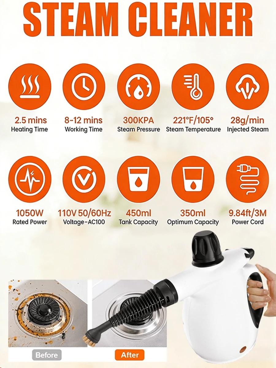 Handheld Steam Cleaner, Pressurized Handheld Multi-Surface Natural Steam Cleaner With 12 PCS Accessory & Labor-Saving Lock, 450ML Capacity, Multi-Surface Deep Cleaning For Home, Car, Bathroom, Grout, Floor, Window