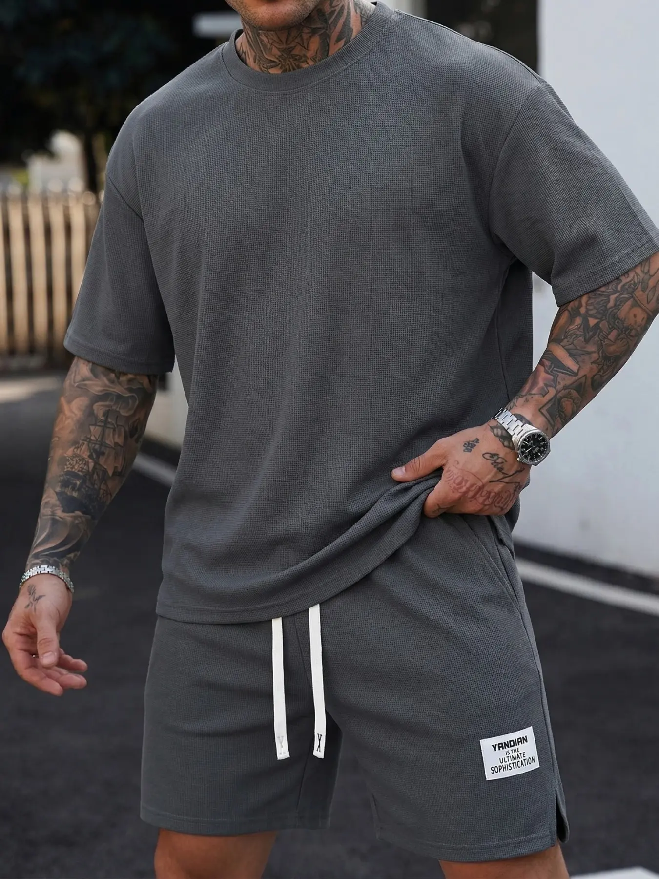 Men's Casual Sportswear Set, Loose Fit Athleisure Wear Set, Athleisure Activewear Set, Waffle Knit Round Neck Short Sleeve T-Shirt with Pocket Details & Drawstring Shorts, Summer Series, Athleisure Outfits, Casual Sports Style
