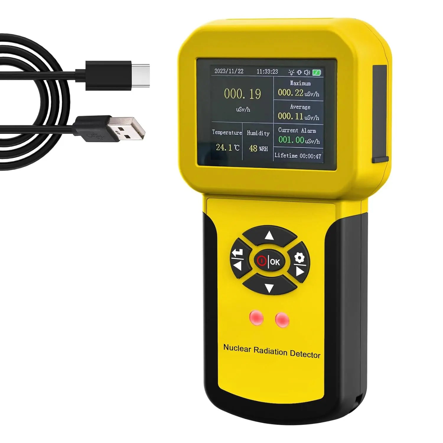 HOLDPEAK Geiger Counter Nuclear Radiation Detector, Radiation Dosimeter Beta Gamma X-ray Detection Meter with LCD Display, Rechargeable Radiation Monitor Meter with 5 Dosage Units Switched, RH, Temp
