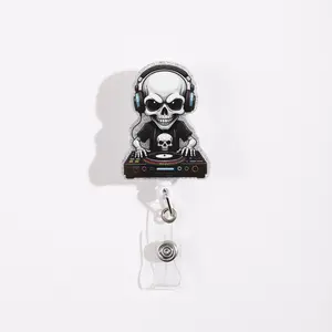 1PC "Cool Skull DJ", branded wallet, ID card holder, key ring with extendable badge roll, Retractable Badge Reel, suitable for nurses, doctors, office workers, teachers, for Halloween, as a gift