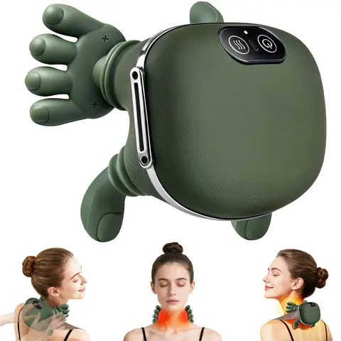 OMUMAX Bionic Hand Heated Neck Massager - Removable, Battery-Powered, Lightweight 4D Kneading Acupressure Device for Neck+Shoulder Use, Hand-Like Muscle Tension Relief, On-the-Go Convenience