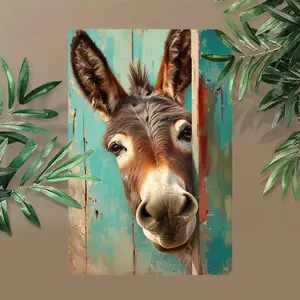 Vintage Farmhouse Tin Wall Art Sign, Whimsical Donkey Peeking from Rustic Metal Door, Durable Metal Plaque for Indoor/Outdoor Decor, Perfect Gift for Father’s Day, Thanksgiving, Independence Day, Donkey Decor