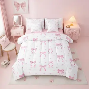 Cute Pink Bow Comforter Bed Set,7 Pieces,Ribbon Bow Knot Bed Bag,Girly Pink Bows Bedding Set with Comforterssheets,Pillowcases  Princess Bowknot Bed Set