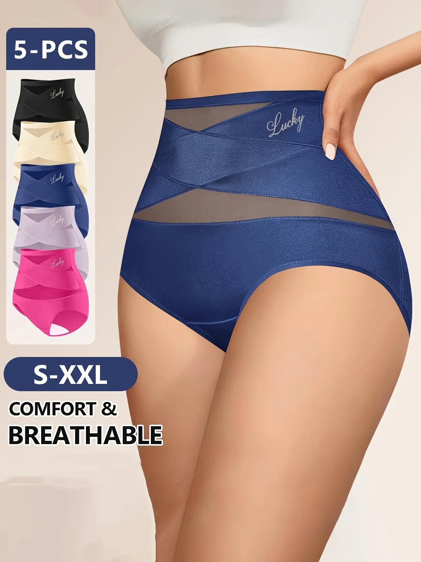 5pcs multipack, Size S-XXL, High waist tummy control shapewear, Mesh breathable ice silk fabric, Seamless & anti-roll waistband, Cotton crotch, Multiple color set.