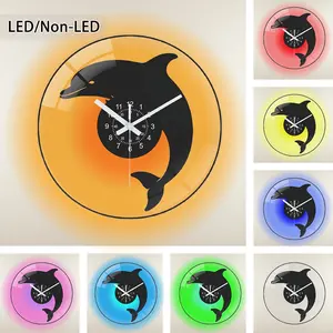 Modern Record-Shaped Wall Clock, Thickened Tempered Glass, Dolphin Silhouette Design, LED Color Changing, Suitable for Hallway, Balcony, Bathroom