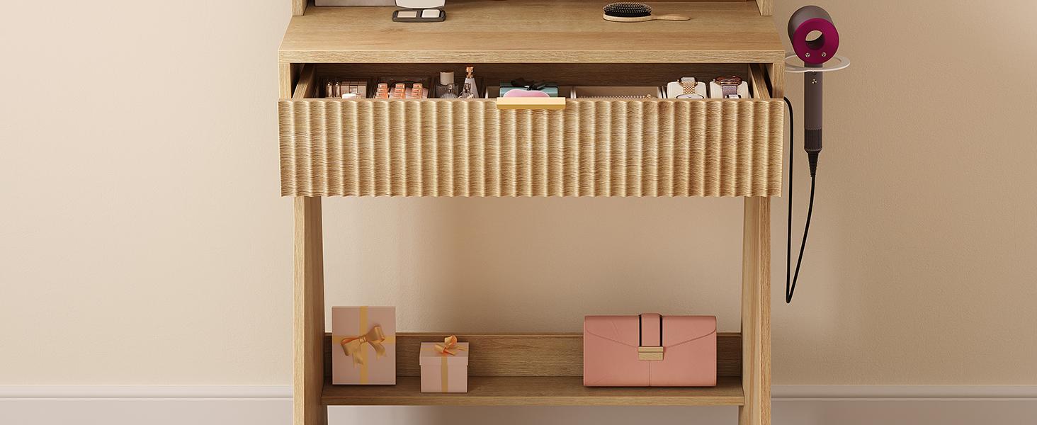 Sikaic Small Vanity Desk with Mirror and Lights, Sound Sync LED Lights, Fluted Wood Compact Makeup Vanity Table Set with Teddy Fleece Chair, Storage Drawer, Shelves, Bedroom