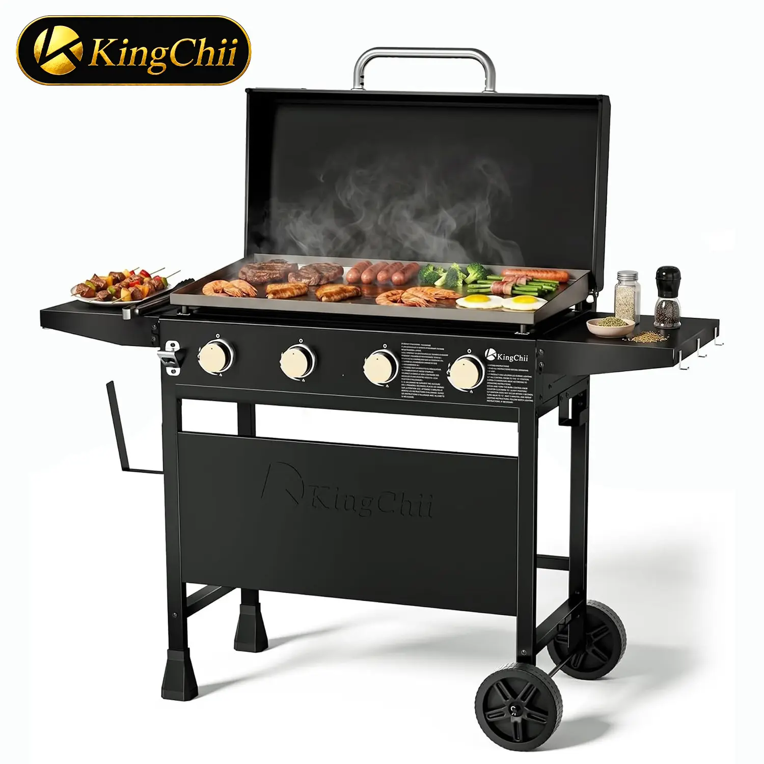 KINGCHII 4-Burner Gas Griddle Flat Top BBQ, Outdoor Counter Height Shelves Cooking Station for Backyard, Patio