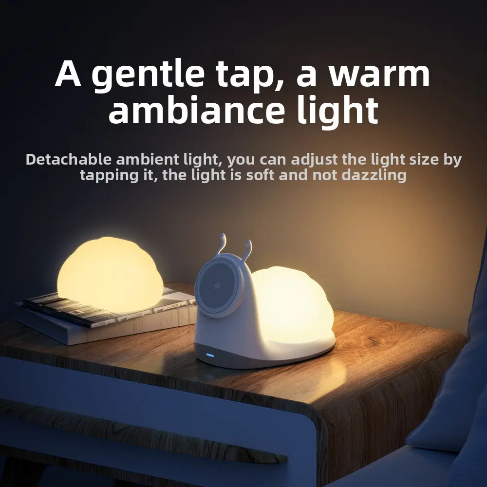 Snail Silicone Ambient Night Light with Warm Light - Modern Compact Magnetic Fast Charging Wireless Charger Stand, 10W/15W Max Output, 5V-3A, 300mAh, ABS, 176*107*89mm, 296g, Indoor Creative Desktop Phone Holder Gift