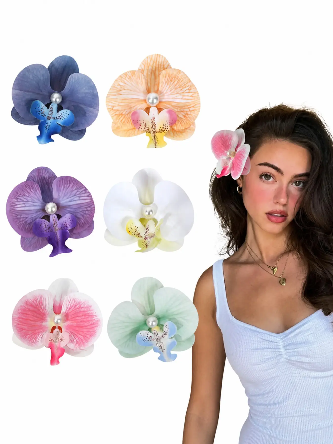 6PCS Orchid Flower Hair Clips Colorful Tropical Hawaiian Flower Hair Clips Fashion Hair Accessories Aesthetic Floral Hair Clips Cute Summer Vacation Hair Pins for Women Girls Fun Hair Clips Boho Hair Accessories Hair Decor