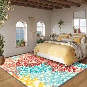 Velvet Soft Comfort Vintage Coral Pattern Printed Rug, Home Decor Carpet, Living Room Large Mat, Sofa Pad, Bedroom Bedside Blanket