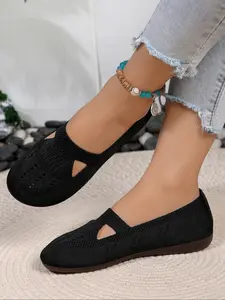 Women's Round Toe Knit Ballet Shoes, Classic Style, Plain Design, Breathable Mesh Upper, Slip-On Comfort, Casual Daily Wear, Round Toe Flats