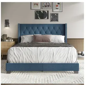 Nailhead Trim Wingback Linen Upholstered Bed, Blue, Full