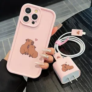 Cute Capybara Pattern Phone Case with Charger Cover & Cable Protector & Storage Rope, Anti-drop Phone Case for iPhone, Casing