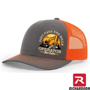 Richardson 112 Dirt Pays the Bills Operator Blue Collar Series Snapback Hat Structured Mid-Pro Profile with Orange Mesh Back Adjustable Plastic Snapback Classic Trucker Hat