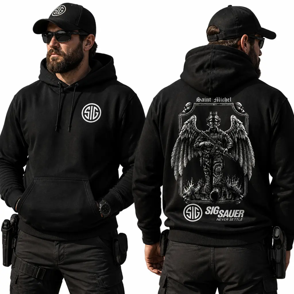 SIG Sauer Saint Michel Tactical T-Shirt Hoodie Sweatshirt, Winged Guardian Operator Rifle Graphic Tee, Dark Archangel Military Style Shirt for Veterans, Range Fans, Tactical Gear Lovers, Christian Warriors and Rugged Men