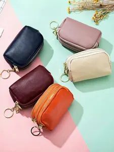Mini Small Bag Top Layer Cowhide Coin Purse Three Zipper Wallet Key Holder, Multifunctional Short Stylish Wallet, Compact Design