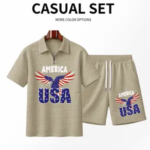 Men's 2-Piece Cotton-Polyester Menswear Set, Short-Sleeve Zip-Up Polo Shirt & Shorts, Solid-Colored Textured Breathable Clothes, Classic Zip Collar, American Flag & Eagle Prints, Casual Everyday Outfit