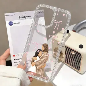 Jesus Hugging Girl and Pink Bow Pattern Phone Case, Clear Bling Diamond Rhinestone Cute for Girls Women Girly Case Glitter Shiny Sparkle Bumper Design Soft Silicone Luxury Fashion Protective , Compatible with iPhone 17/16/15/14/13/12 Pro Max Plus 17E 16E