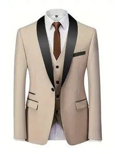 Men's 3-Piece Polyester Plain Formal Suit Set - Blazer, Vest, Pants - 2026 Hot Casual Business Wedding Workwear (Sports & Outdoor Clothing Set)