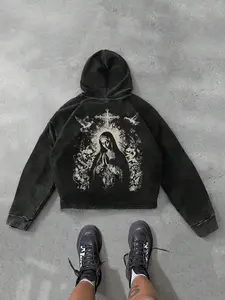 Comfortable Cotton Hoodie with Cross Virgin Mary Dove Pattern, Casual Fitted Street Style, Elastic, Vintage, Daily Wear, Fashion Lovers