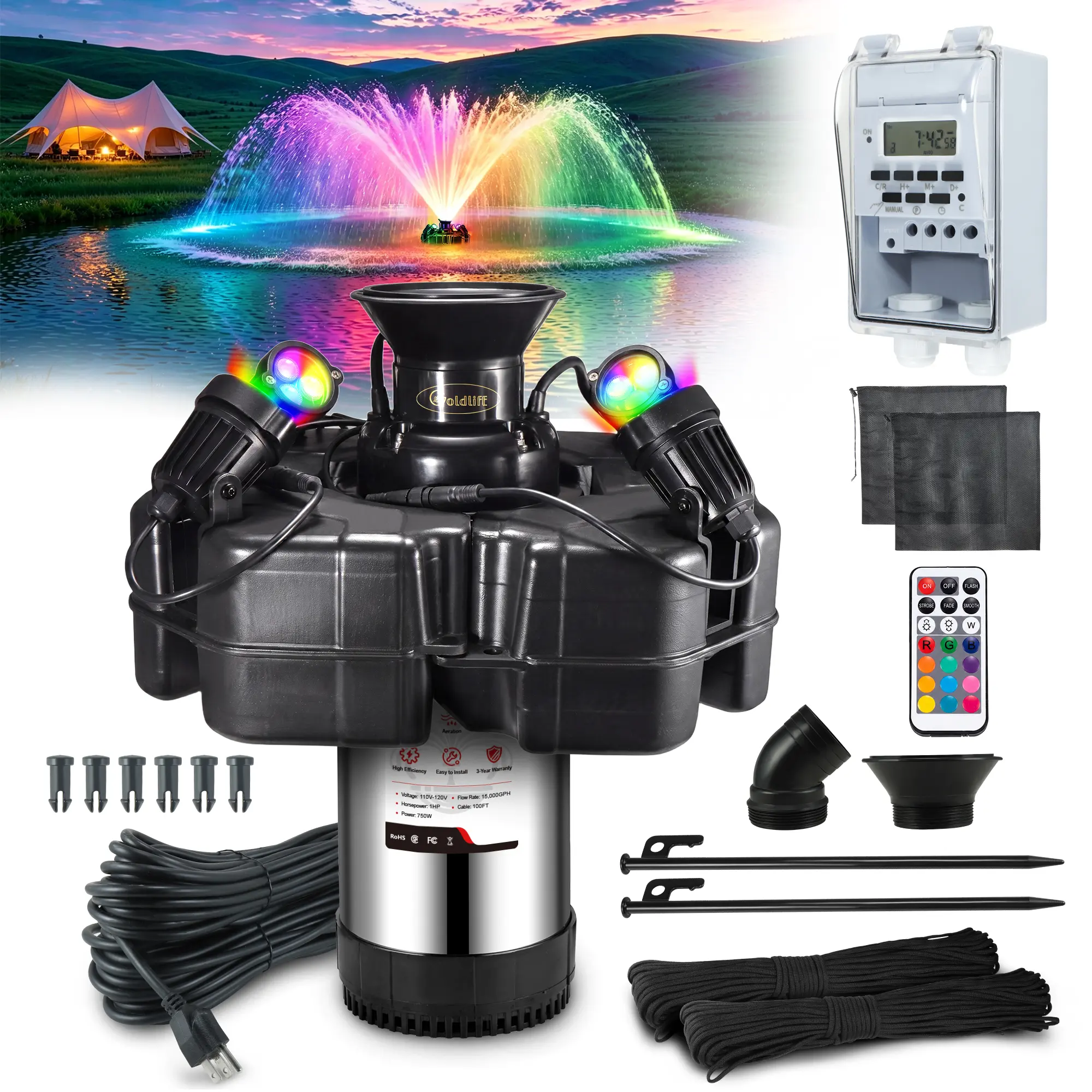 Goldlife Stainless Steel Floating Pond Fountain Aerator - 1HP 750W 110V, 4 RGB Lights, 150FT Power Cord, Octagon Pump for Ponds, Lakes, Fish Farms