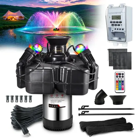 Goldlife Pond Fountain Aerator Floating Water Pump - 1HP 110V 750W 15000GPH, 4 RGB Lights, 100FT Power Cord, Octagonal Shape, 1HP Power Boost for Outdoor Pond Garden Water Fountains System