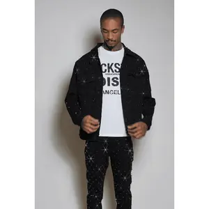 Glit Jet Black Rhinestone Denim Jacket/Stacked Flare Jean Set