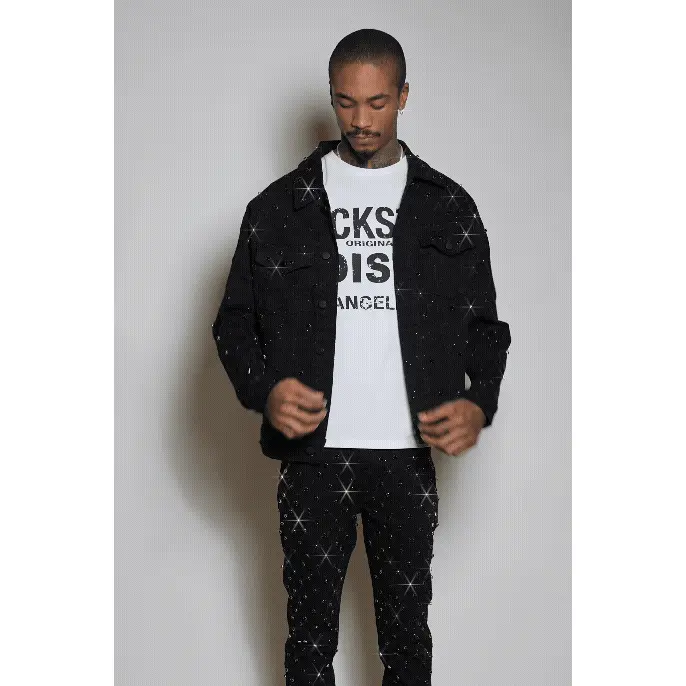 Glit Jet Black Rhinestone Denim Jacket/Stacked Flare Jean Set