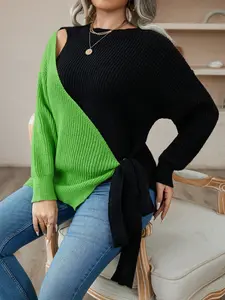 Plus Two Tone Cut Out Knot Side Drop Shoulder Sweater