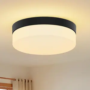 Round LED Flush Mount Ceiling Light, Modern Wood Ceiling Light, 5 Color (3000K, 3500L, 4000K, 5000K, 6000K) Dimmable Minimalist Ceiling Lamp Black Ceiling Lighting Fixtures for Kitchen Bedroom Laundry Room Living Room Entryway Hallway