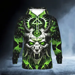 【Demonic Neon Skull Hoodie】Black & Green Gothic Print Top | Men/Women Oversized Edgy Streetwear | Horned Skull & Occult Symbol Design Pullover | Trendy Dark Cyber Casual Daily Fashion