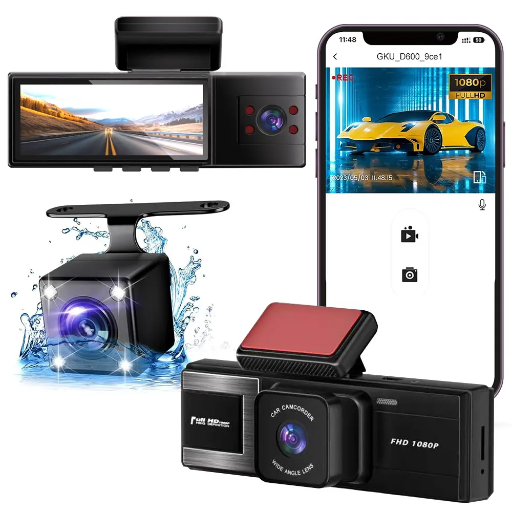 WHATOOK 3-Channel 1080P Wide Angle WiFi Car Dashboard Camera with 32GB Card, HDR, WDR, G-Sensor, 24Hr Parking Mode, Waterproof Backup Camera, Loop Recording, for Cars, Vehicle & Auto Accessories, Automotive Video Recorder