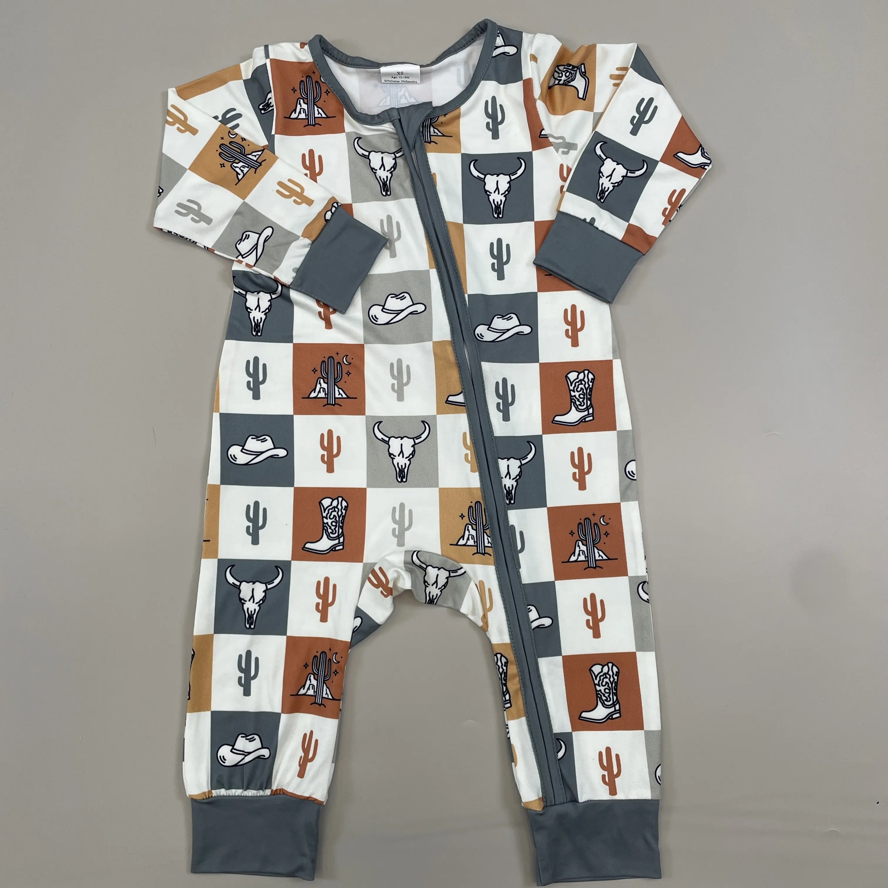Baby Boy Western Romper, Long Sleeve Cow Print Outfit with Hat, Zip-Up Cotton-Spandex Mix Sleep Wear for Newborns, Baby Clothing, Infant Pajamas, Chain, Western Clothes