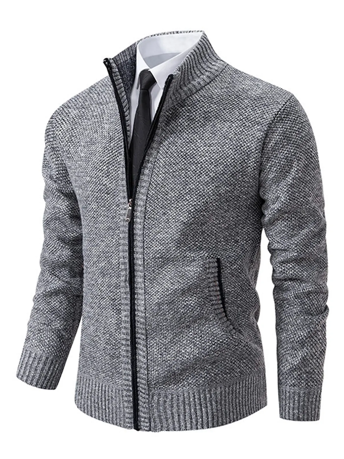 Men's Knit Sweater Cardigan, Winter New Stand Collar Long Sleeve Fleece Thickened Knit Sweater, Zipper Design, Comfortable Knitted Fabric, Casual Versatile Top, Knitwear