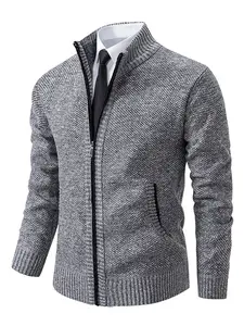 Men's Knit Sweater Cardigan, Winter New Stand Collar Long Sleeve Fleece Thickened Knit Sweater, Zipper Design, Comfortable Knitted Fabric, Casual Versatile Top