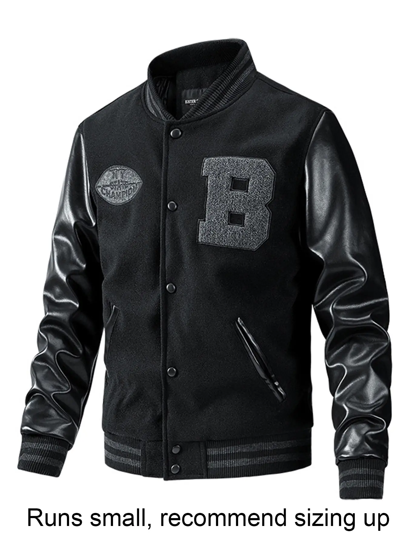 Men's Letter Patched Pocket Button Front Varsity Baseball Jacket, Casual Aesthetic Fashionable Jacket Casual Regular Fit Long Sleeve Stand Collar PU Leather Jacket Coat Casual Outerwears Outerwear Coats for Fall Winter Fabric